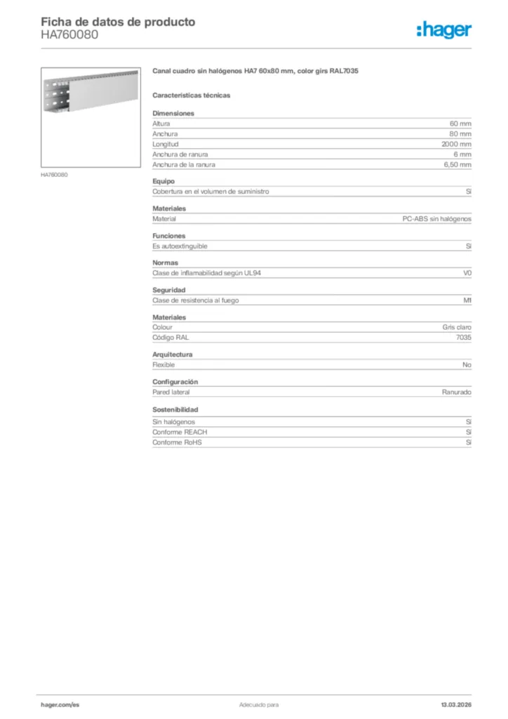 Imagen Hager Ficha de datos de producto HA760080 | Hager España
