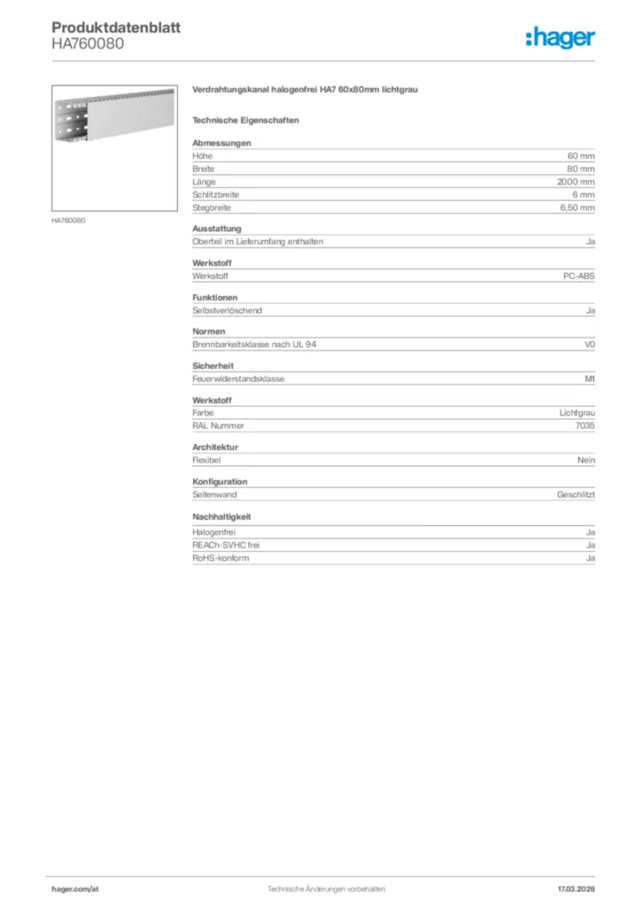 Bild Hager Produktdatenblatt HA760080 | Hager Deutschland