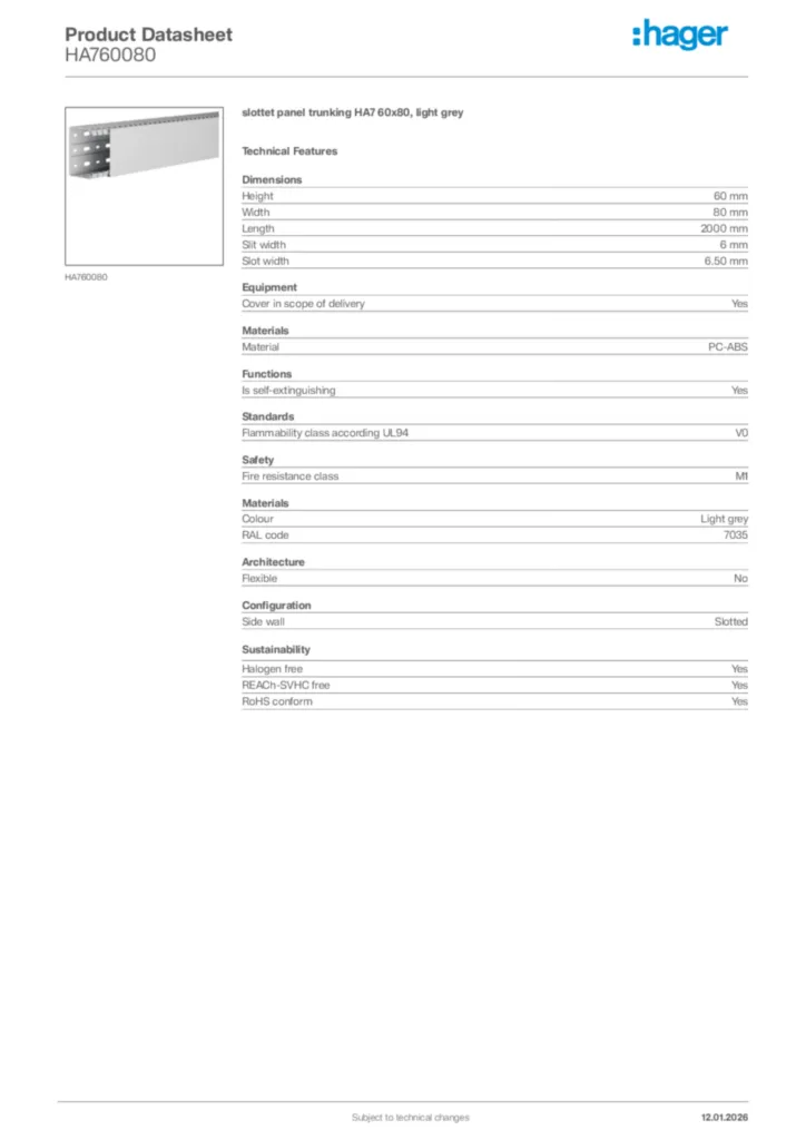 Image Hager Product data sheet HA760080  | Hager