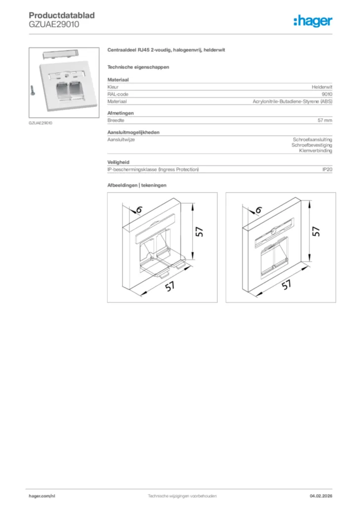 Afbeelding Hager Productdatablad GZUAE29010 | Hager Nederland