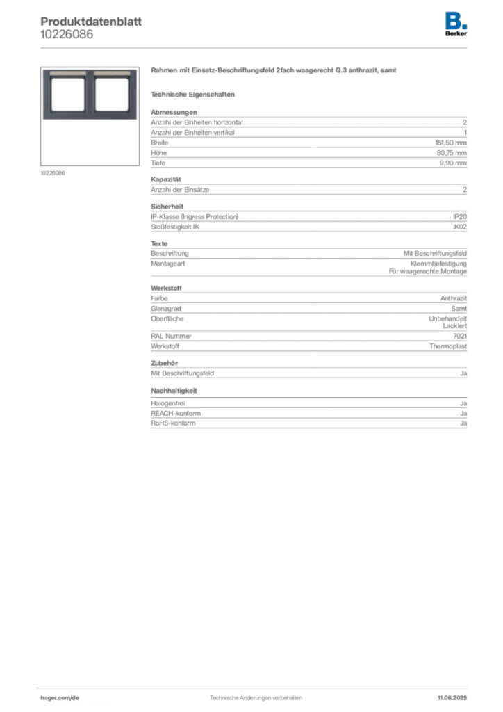 Bild Berker Produktdatenblatt 10226086 | Hager Deutschland