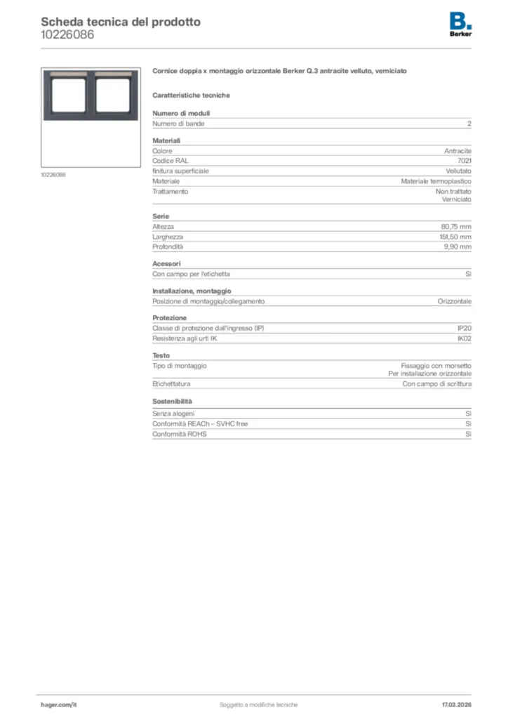 Immagine Berker Scheda tecnica del prodotto 10226086 | Hager Italia