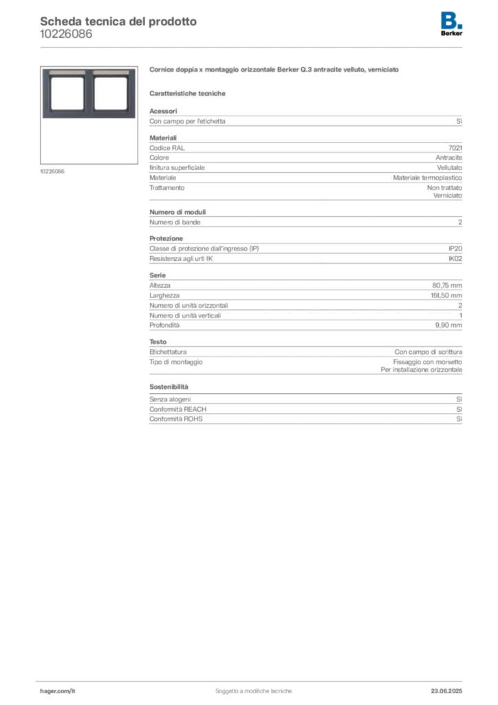 Immagine Berker Scheda tecnica del prodotto 10226086 | Hager Italia