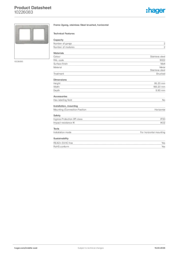 Image Hager Product data sheet 10226083  | Hager