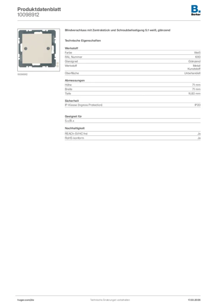 Bild Berker Produktdatenblatt 10098912 | Hager Deutschland