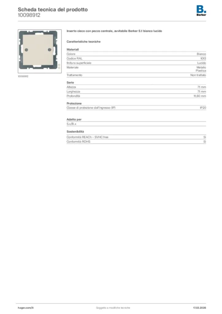 Immagine Berker Scheda tecnica del prodotto 10098912 | Hager Italia