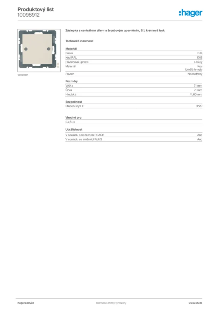 Obrázek Hager Product data sheet 10098912 | Hager