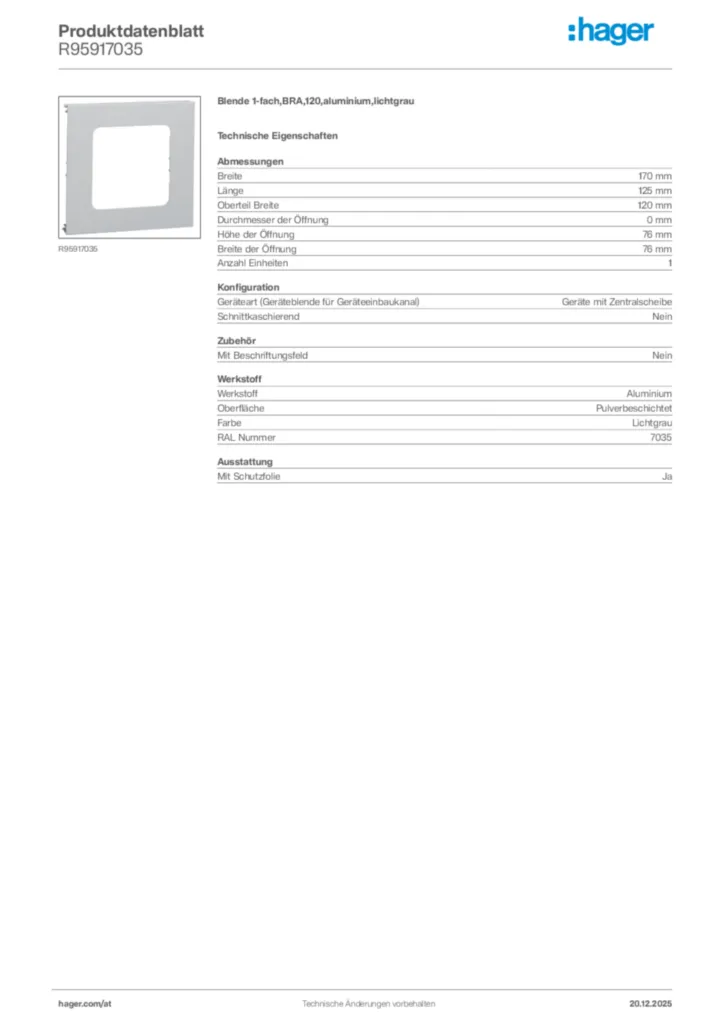 Bild Hager Produktdatenblatt R95917035 | Hager Deutschland