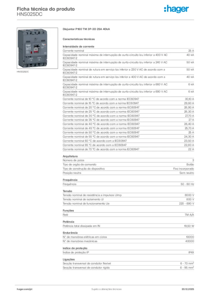 Imagem Hager Ficha técnica do produto HNS025DC | Hager Portugal