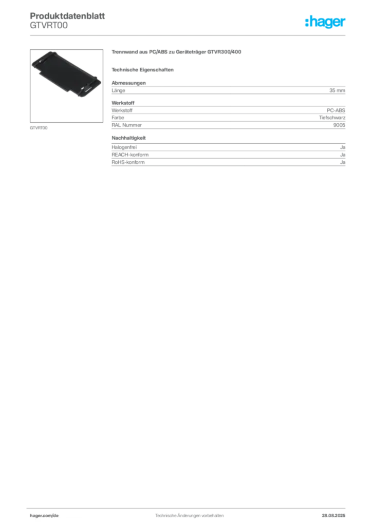 Bild Hager Produktdatenblatt GTVRT00 | Hager Deutschland