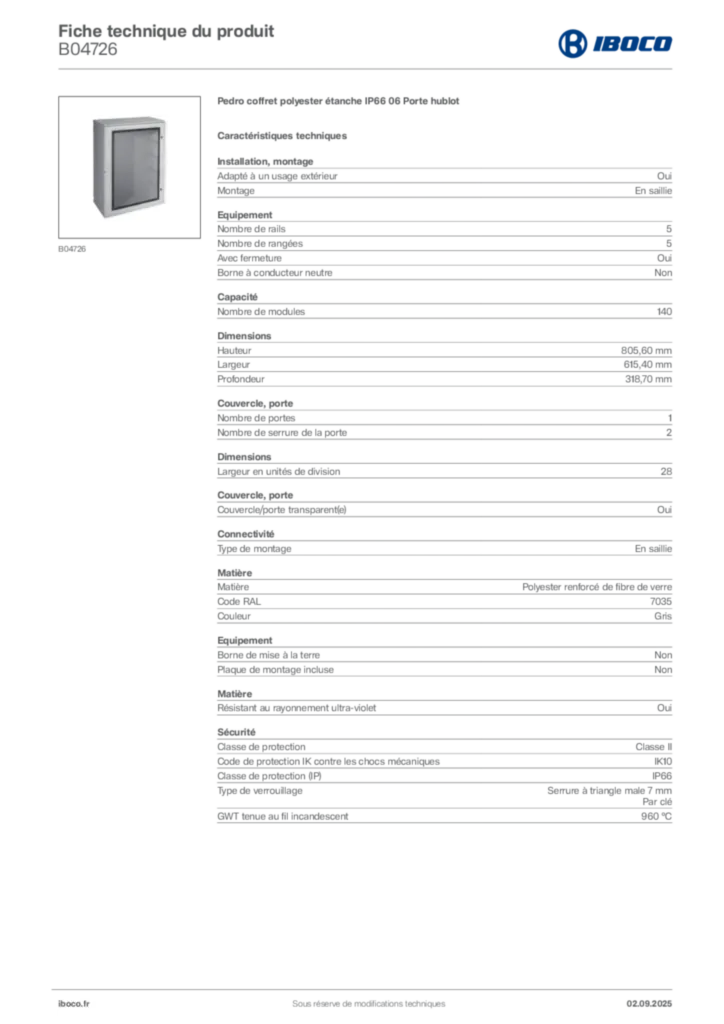 Image Iboco Fiche technique du produit B04726 | Hager France