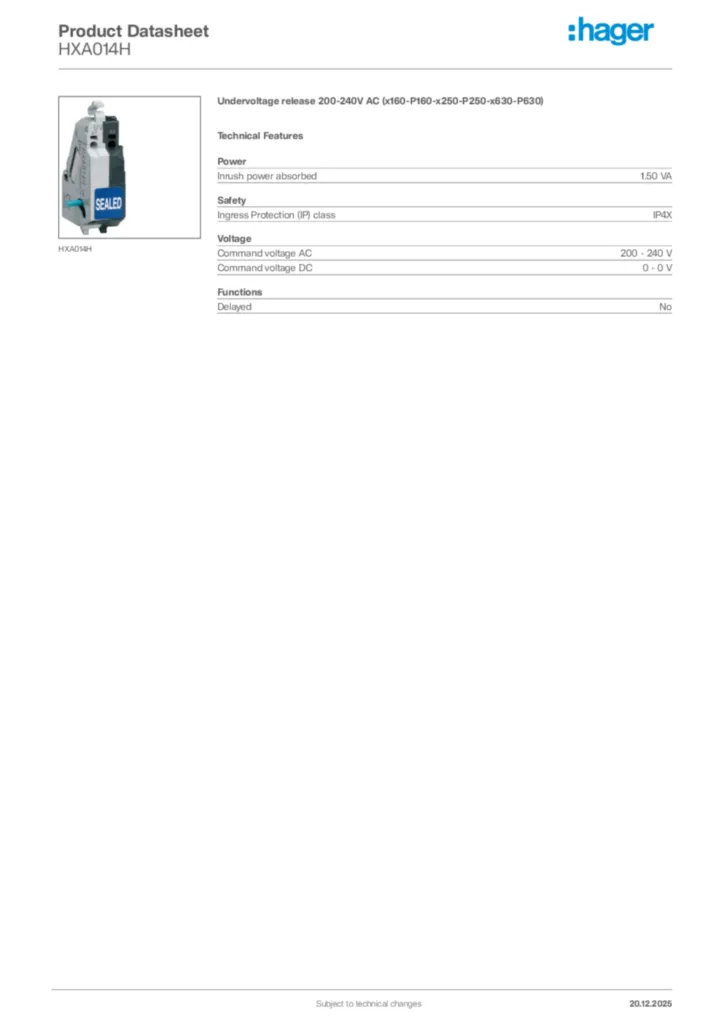 Image Hager Product data sheet HXA014H  | Hager Africa