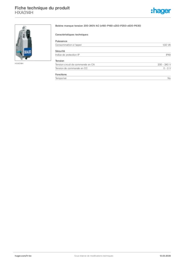 Image Hager Fiche technique du produit HXA014H | Hager Belgique