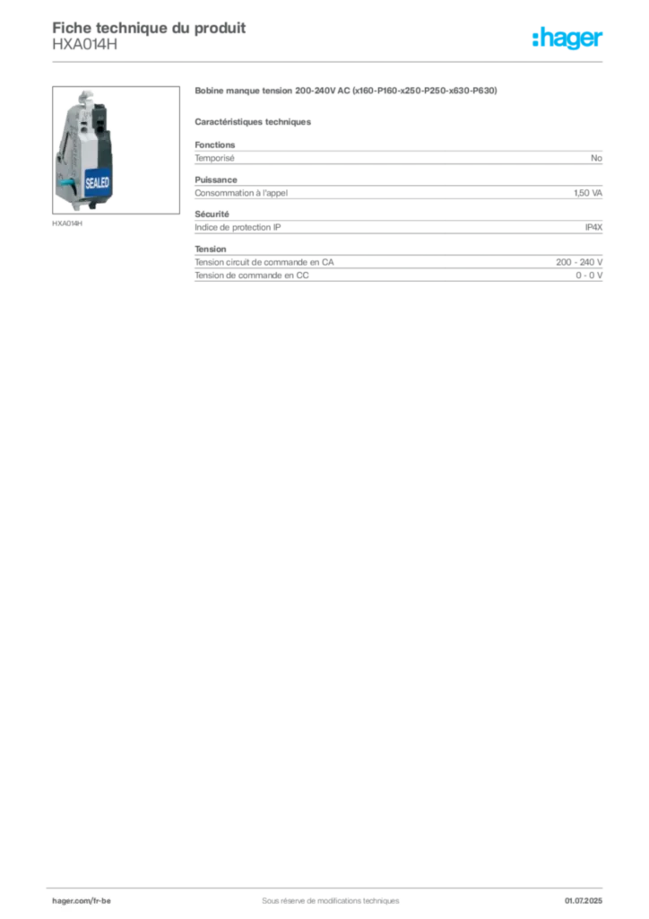 Image Hager Fiche technique du produit HXA014H | Hager Belgique