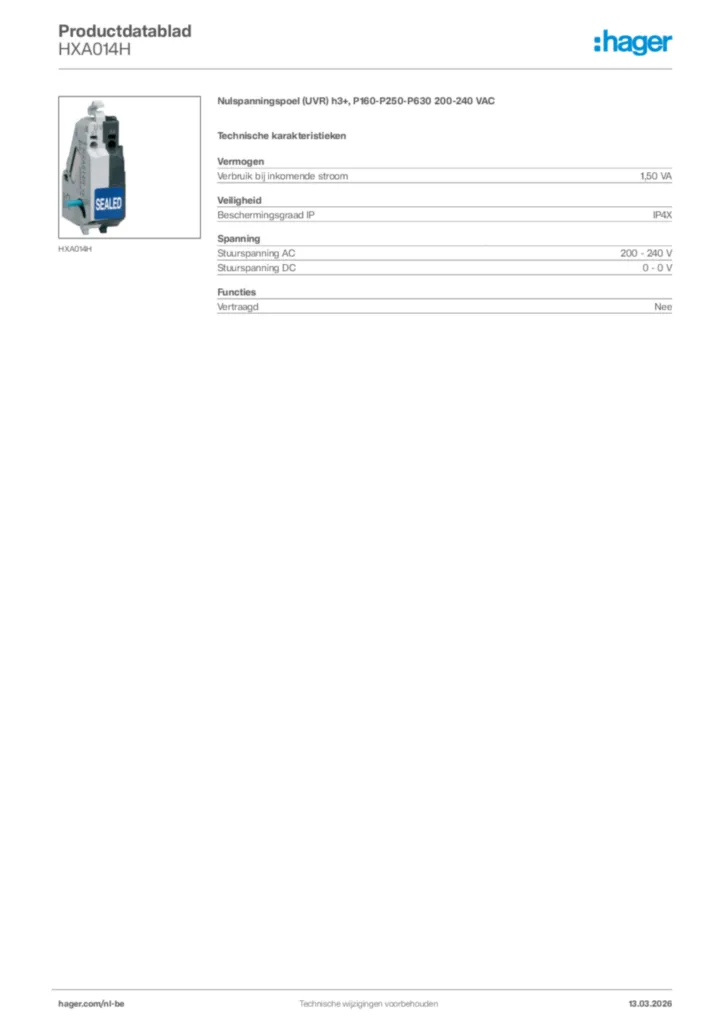 Afbeelding Hager Productdatablad HXA014H | Hager Belgium
