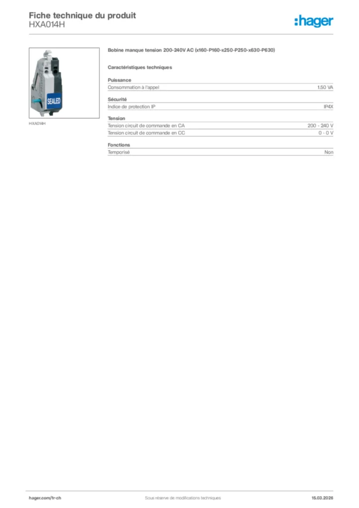 Image Hager Fiche technique du produit HXA014H | Hager Suisse