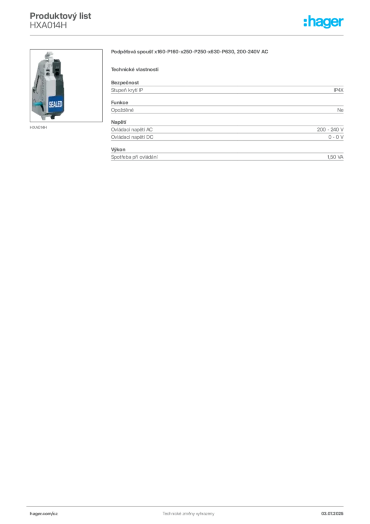 Obrázek Hager Produktový list HXA014H | Hager
