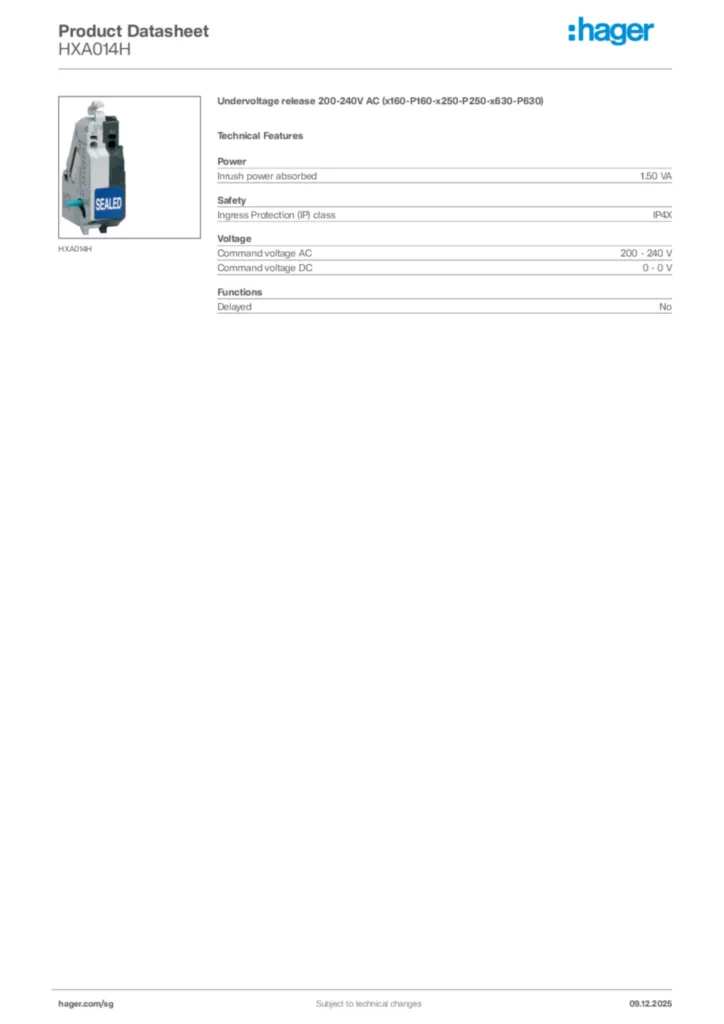 Image Hager Product data sheet HXA014H  | Hager