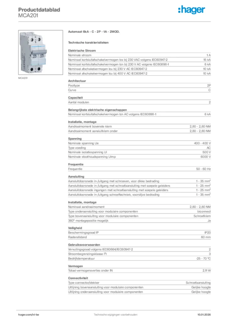 Afbeelding Hager Productdatablad MCA201 | Hager Belgium