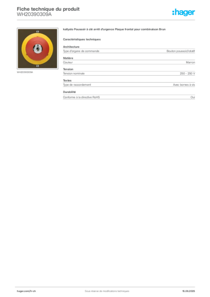 Image Hager Fiche technique du produit WH20390309A | Hager Suisse