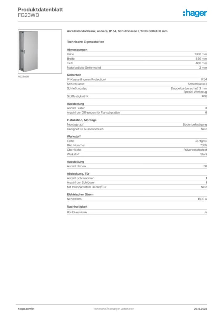 Bild Hager Produktdatenblatt FG23WD | Hager Deutschland