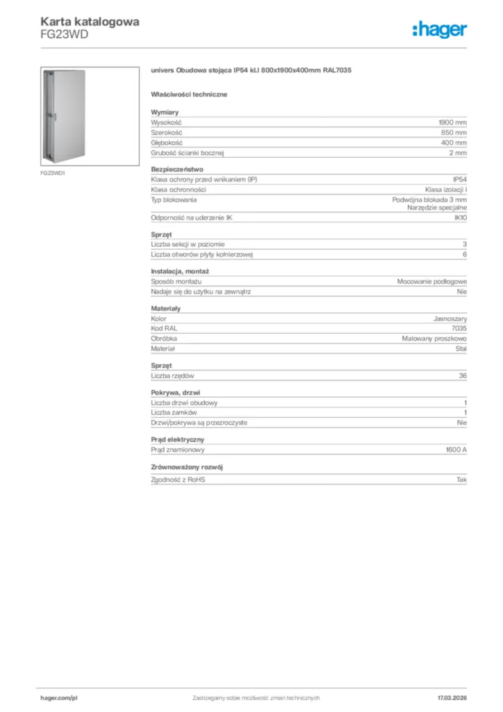 Zdjęcie Hager Karta katalogowa FG23WD | Hager Polska