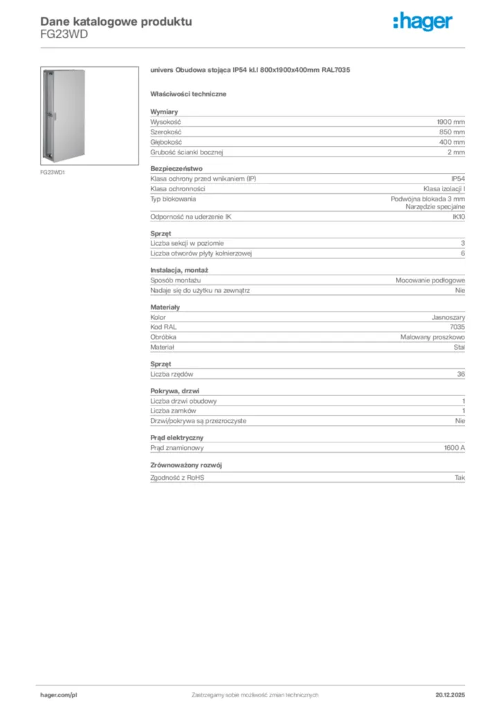 Zdjęcie Hager Karta katalogowa FG23WD | Hager Polska