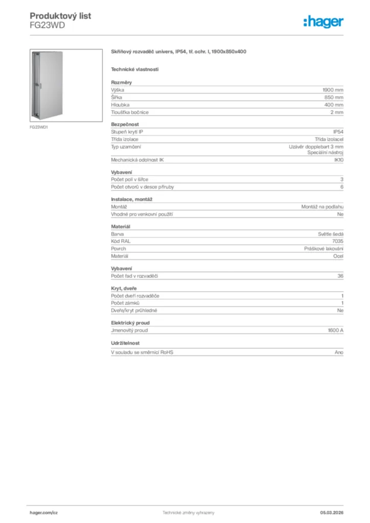 Obrázek Hager Product data sheet FG23WD | Hager