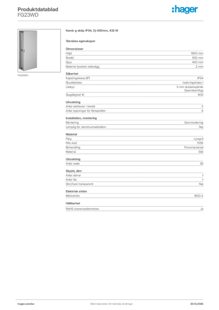 Bild Hager Produktdatablad FG23WD | Hager Sverige