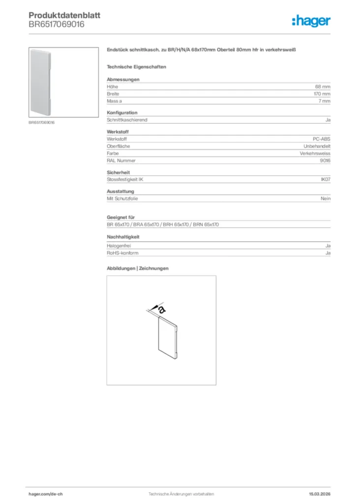 Bild Hager Produktdatenblatt BR6517069016 | Hager Schweiz