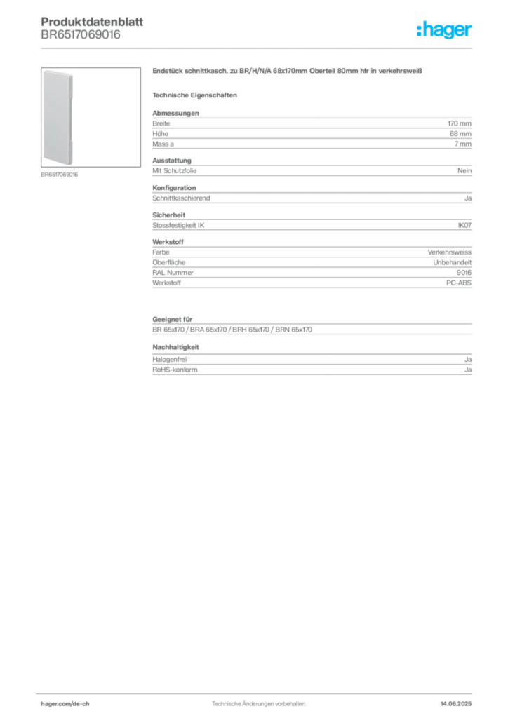 Bild Hager Produktdatenblatt BR6517069016 | Hager Schweiz