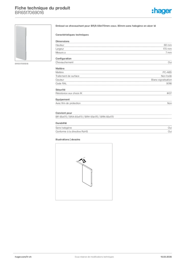 Image Hager Fiche technique du produit BR6517069016 | Hager Suisse