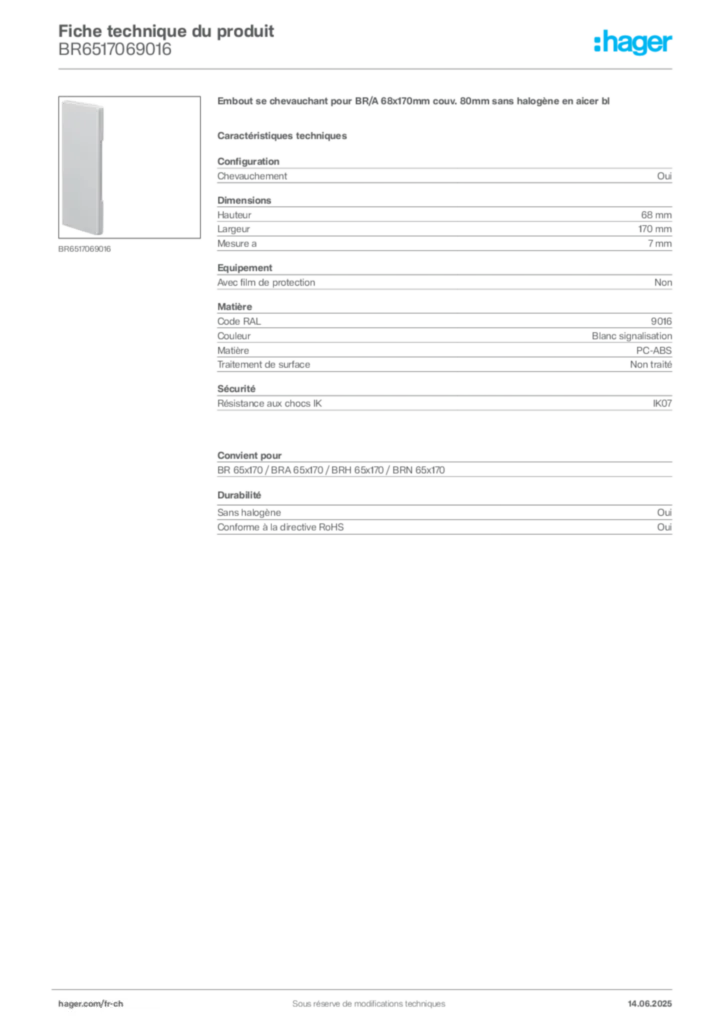 Image Hager Fiche technique du produit BR6517069016 | Hager Suisse