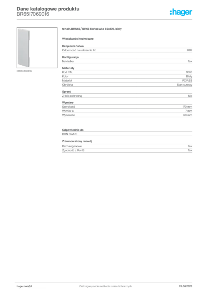Zdjęcie Hager Karta katalogowa BR6517069016 | Hager Polska