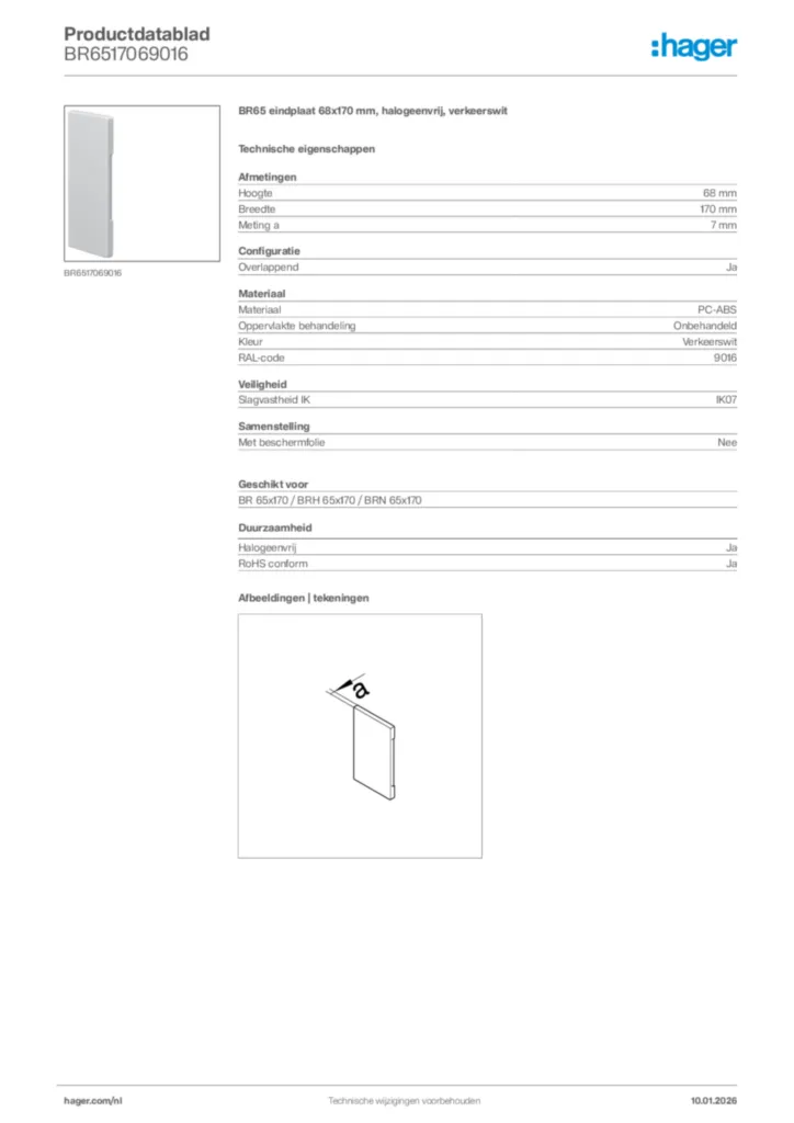 Afbeelding Hager Productdatablad BR6517069016 | Hager Nederland