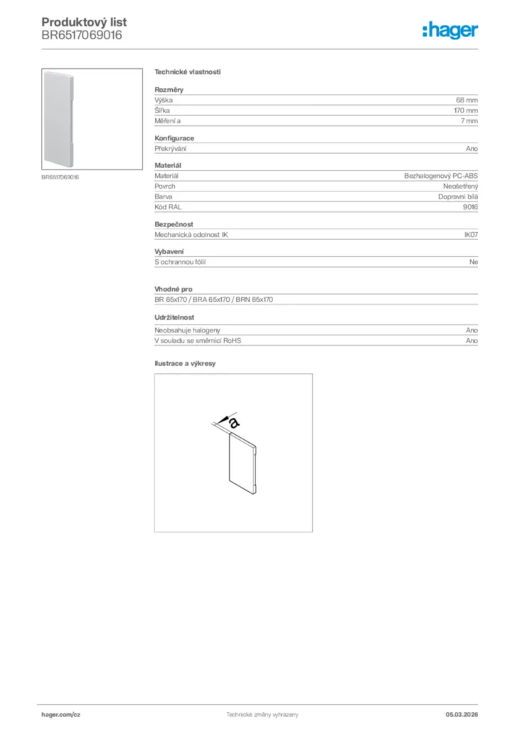 Obrázek Hager Product data sheet BR6517069016 | Hager