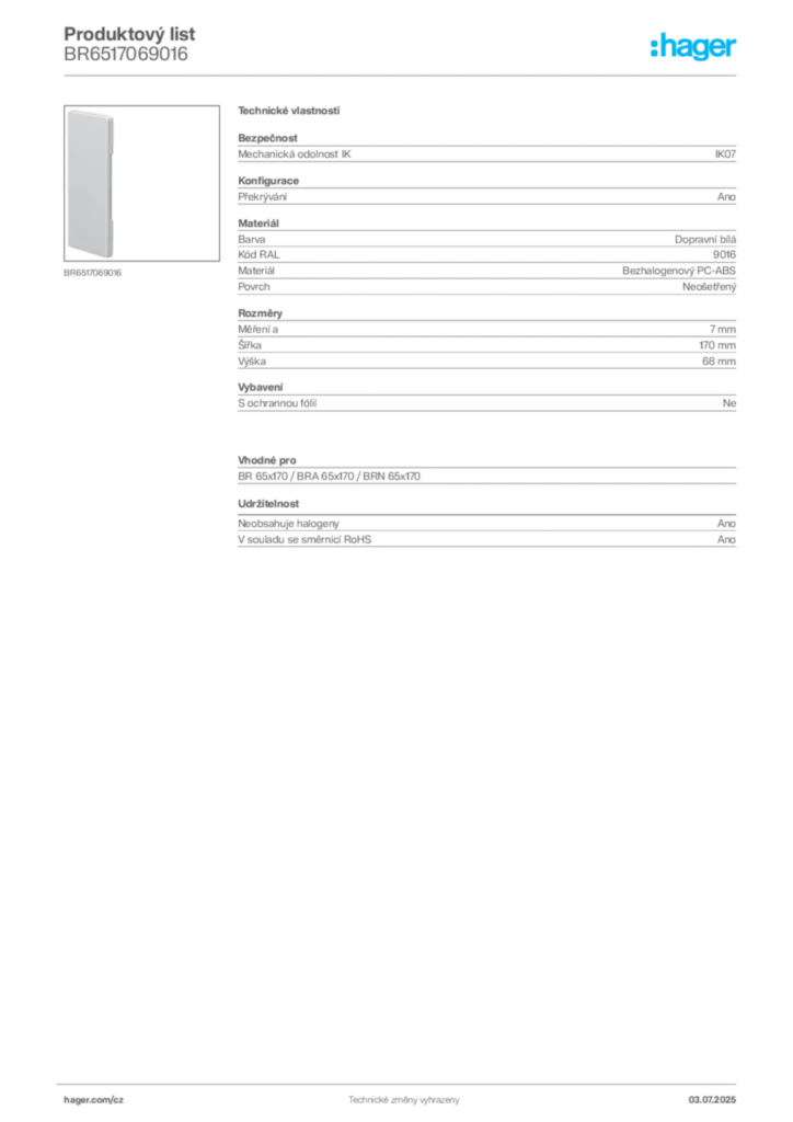 Obrázek Hager Produktový list BR6517069016 | Hager