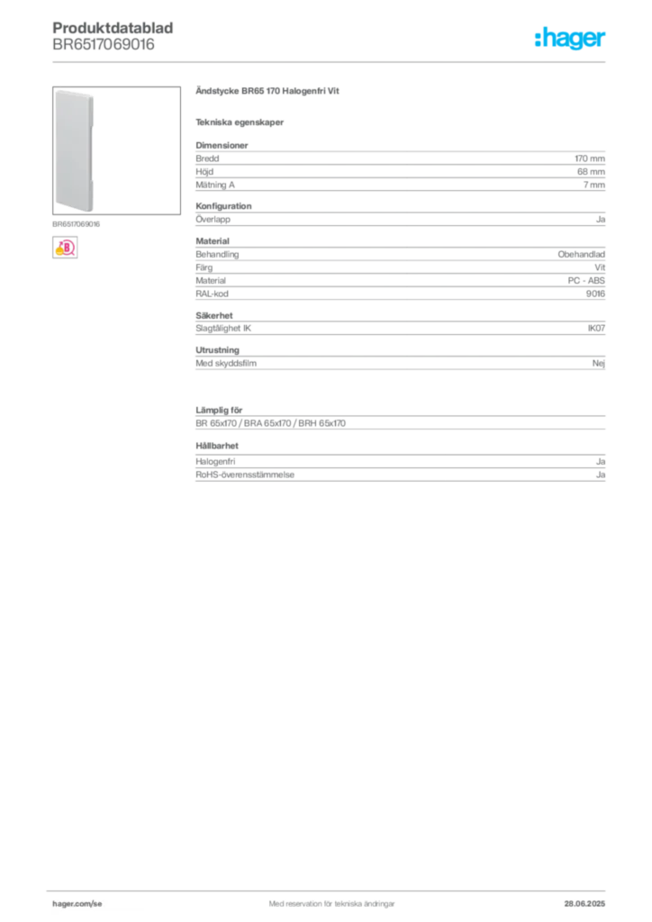 Bild Hager Produktdatablad BR6517069016 | Hager Sverige