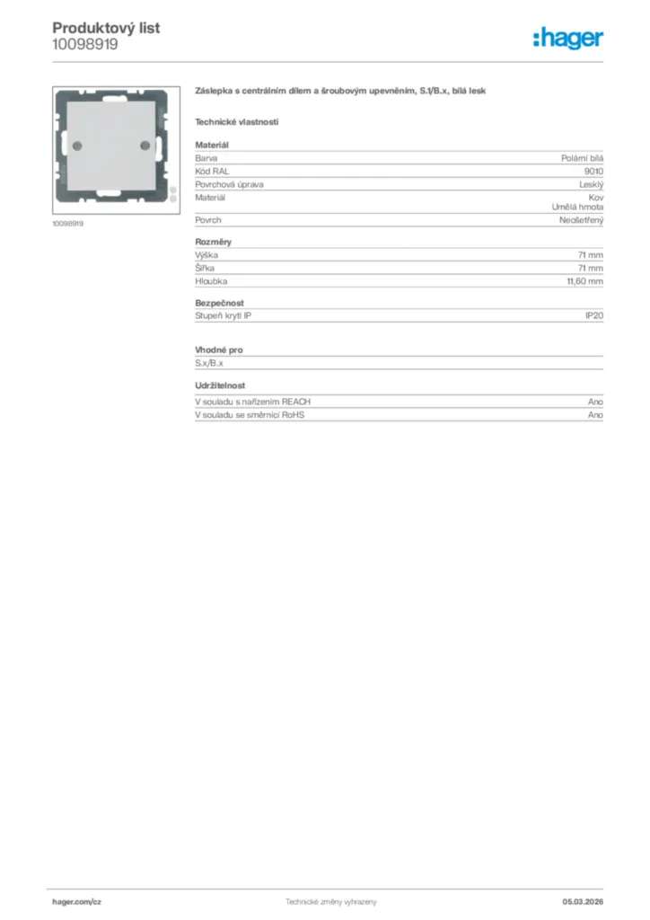 Obrázek Hager Product data sheet 10098919 | Hager