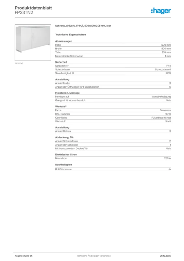 Bild Hager Produktdatenblatt FP33TN2 | Hager Schweiz