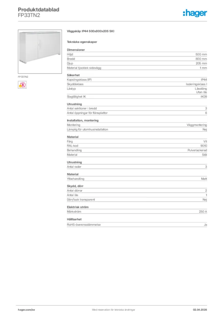 Bild Hager Produktdatablad FP33TN2 | Hager Sverige