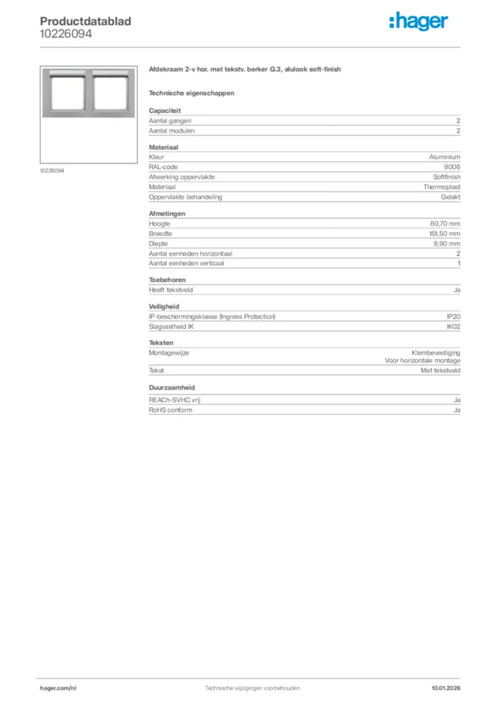 Afbeelding Hager Productdatablad 10226094 | Hager Nederland