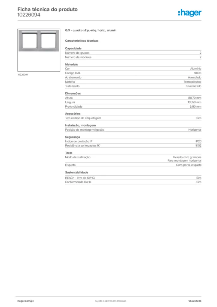 Imagem Hager Ficha técnica do produto 10226094 | Hager Portugal