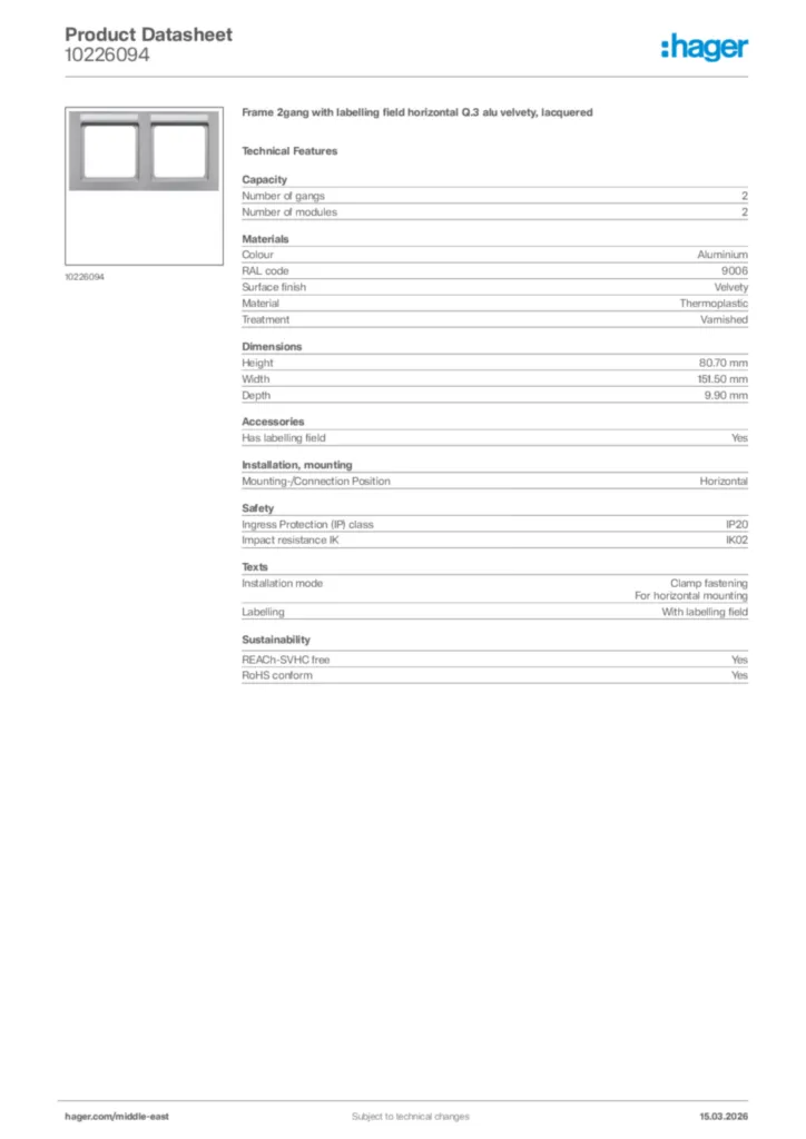 Image Hager Product data sheet 10226094  | Hager