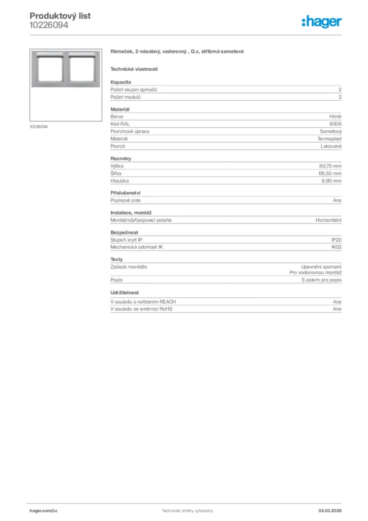 Obrázek Hager Product data sheet 10226094 | Hager