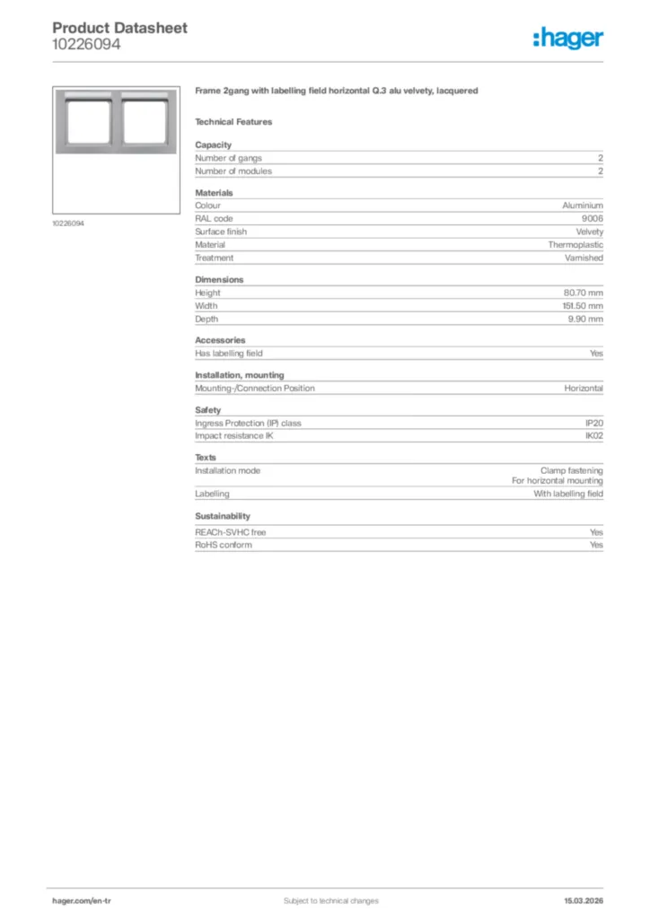 Image Hager Product data sheet 10226094  | Hager