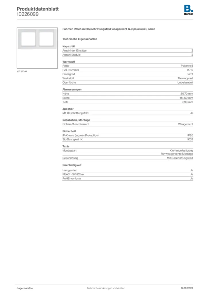 Bild Berker Produktdatenblatt 10226099 | Hager Deutschland