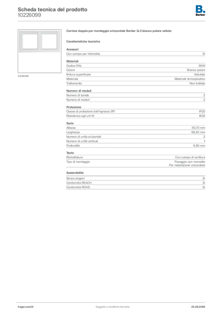 Immagine Berker Scheda tecnica del prodotto 10226099 | Hager Italia