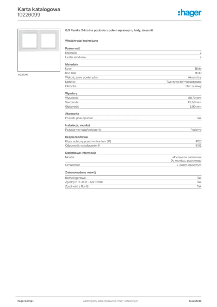 Zdjęcie Hager Karta katalogowa 10226099 | Hager Polska