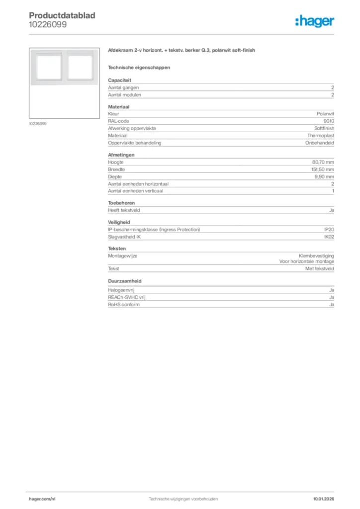 Afbeelding Hager Productdatablad 10226099 | Hager Nederland